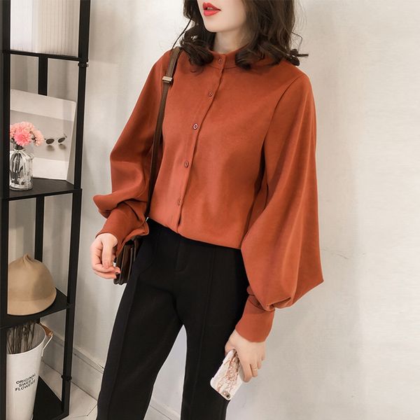 elegant ladies office shirts plus size lantern sleeve women blouse fashion button loose -4xl stand collar work wear blusas, White